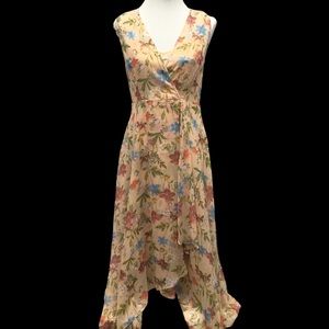 Calvin Klein Lined Peach Floral Chiffon Hi-low Long Dress Misses size 6